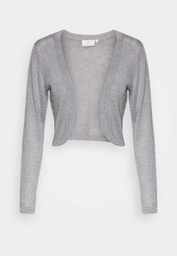 Cardigan grigio a maniche lunghe con design cropped, realizzato in un tessuto morbido e testurizzato e con una profonda scollatura a V. Leggera lucentezza in tutto.