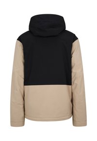 Veste imperméable avec capuche, sections supérieures noires et inférieures beiges, texture lisse et design minimaliste.