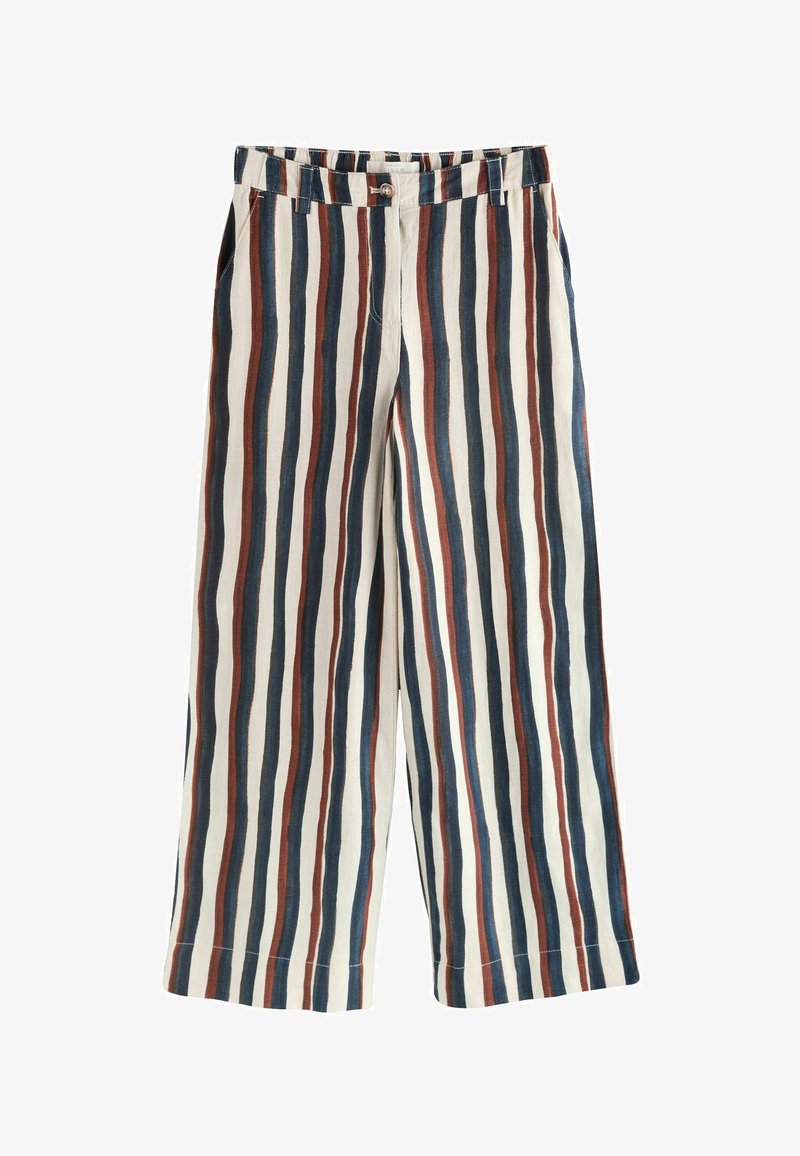 Pantalon à jambes larges à rayures verticales bleu marine, marron rouille et blanc, avec fermeture par bouton et fermeture éclair.