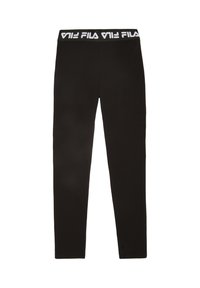 Zwarte legging van rekbaar materiaal, met een wit FILA-logo op de tailleband. Het ontwerp is aansluitend, zonder extra patronen.