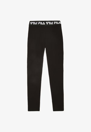 Sorte leggings lavet af strækbart materiale med et hvidt FILA-logo på taljen. Designet er tætsiddende uden yderligere mønstre.