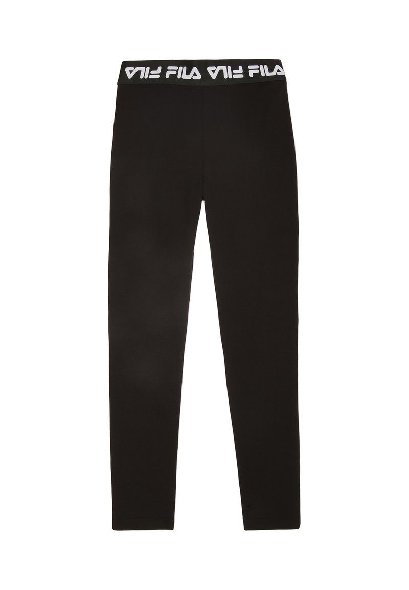 Zwarte legging van rekbaar materiaal, met een wit FILA-logo op de tailleband. Het ontwerp is aansluitend, zonder extra patronen.
