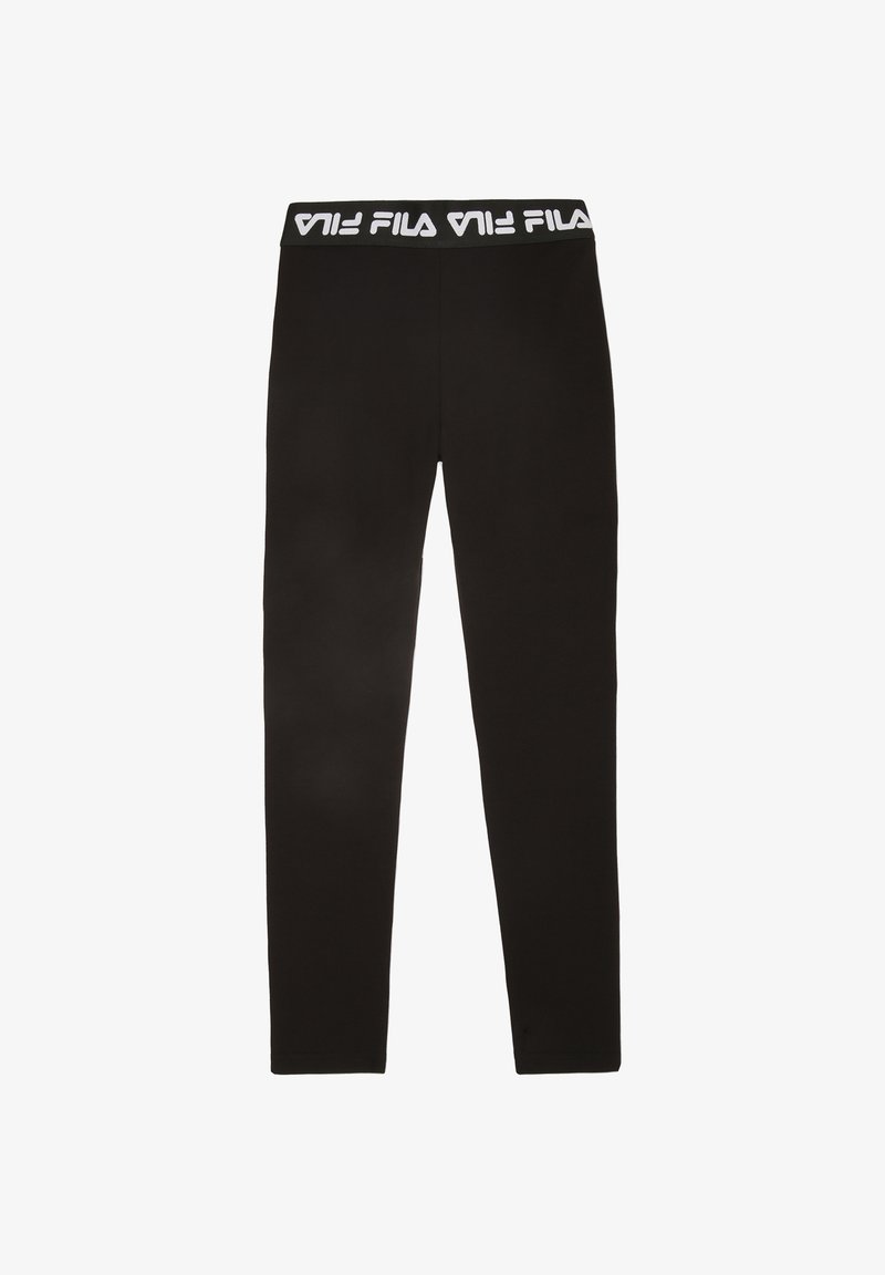 Zwarte legging van rekbaar materiaal, met een wit FILA-logo op de tailleband. Het ontwerp is aansluitend, zonder extra patronen.