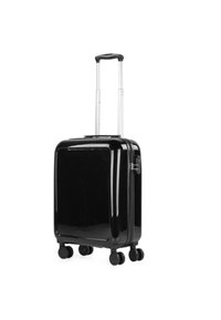 Maleta rígida negra con un acabado brillante, asa de aluminio retráctil en color plata, cuatro ruedas giratorias y un cierre de cremallera seguro.