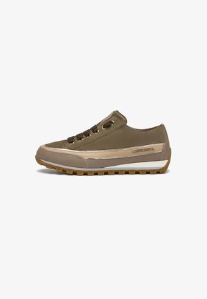 Olive green sneaker with a soft suede and canvas upper, featuring brown accents, round laces, silver eyelets, and a textured rubber outsole.