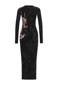 Abito nero a maniche lunghe con motivi di drago e fiamme in rosso, oro e grigio. Tessuto morbido, silhouette aderente, design elegante.