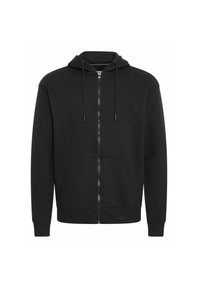 Black zip-up hoodie made of soft fabric, featuring a drawstring hood, front pockets, and ribbed cuffs. Classic design with minimal detailing.