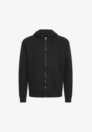 Schwarze Zip-Hoodie aus weichem Stoff, mit einer Kapuze mit Kordelzug, Fronttaschen und gerippten Bündchen. Klassisches Design mit minimaler Ausstattung.