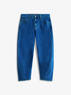 Blå højttaljede straight-leg jeans med forlommer, bæltestropper, knaplukning og synlige syningsdetaljer.