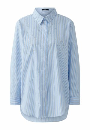 Light blue striped shirt featuring a button-down collar, long sleeves, and decorative silver embellishments on the front panel.