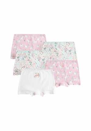 Vijf boxershorts voor kinderen met eenhoorn- en bloemenpatronen, in roze, wit en pasteltinten, gerangschikt op een witte achtergrond.