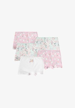 Fünf Kinderboxershorts mit Einhorn- und Blumenmustern in Pink, Weiß und Pastellfarben, auf einem weißen Hintergrund angeordnet.