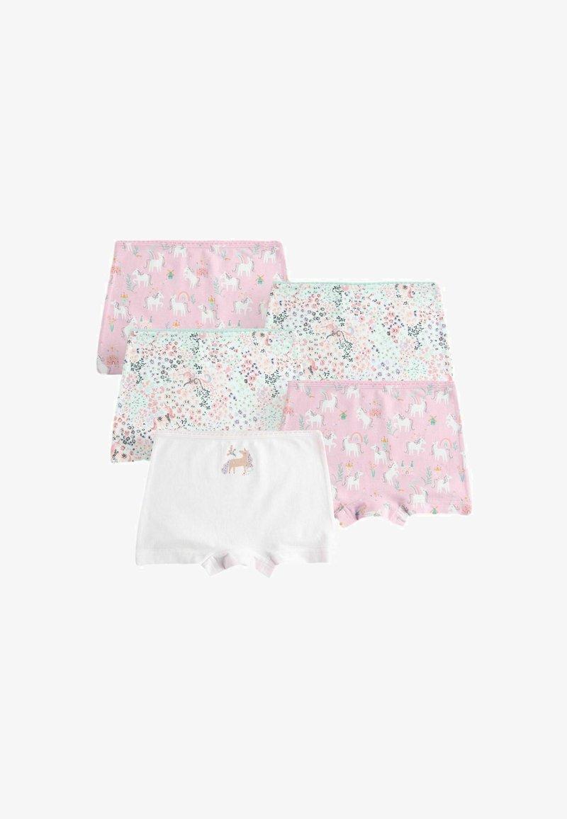 Cinq shorts boxer pour enfants avec des motifs de licornes et de fleurs, en rose, blanc et couleurs pastel, disposés sur un fond blanc.