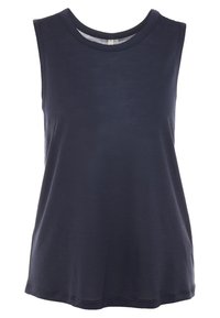 Top senza maniche blu navy realizzato in tessuto morbido, con scollatura rotonda e vestibilità ampia, senza motivi visibili o decorazioni.