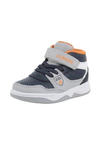 Sneakers alte con design in pelle verniciata blu navy e grigia, dettagli arancioni, linguetta in mesh e cinturino a strappo per una calzata sicura.