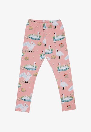 Pink leggings featuring a pattern of white swans on water and amidst greenery, made from soft, stretchy fabric with an elastic waistband.