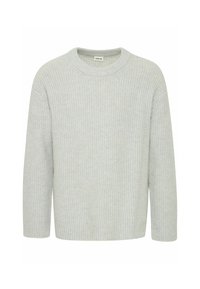 Light gray, ribbed knit sweater with a crew neckline and three-quarter sleeves, featuring a textured pattern and a relaxed fit.