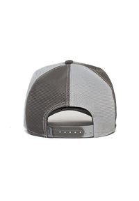 Cappello trucker a rete grigio e bianco con forma arrotondata, chiusura regolabile in plastica e logo sottile sul lato.
