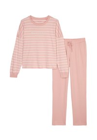 Ljusrosa pyjamas set bestående av en randig långärmad topp och matchande byxor med elastisk midja och snöre. Materialet verkar mjukt.