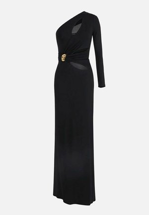 Lungo abito da sera nero con una manica lunga, scollo asimmetrico, fibbia dorata in vita e inserti trasparenti sui lati.