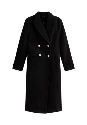Cappotto nero doppiopetto con un design sartoriale, realizzato in un morbido misto lana. Caratterizzato da bottoni dorati e tasche laterali. Maniche lunghe.