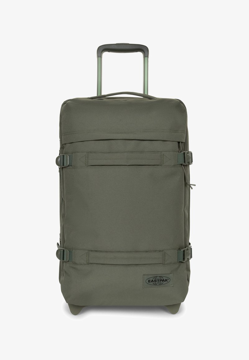 Zaino a rotelle verde oliva realizzato in tessuto resistente, con due tasche anteriori, spallacci regolabili e manico retrattile.