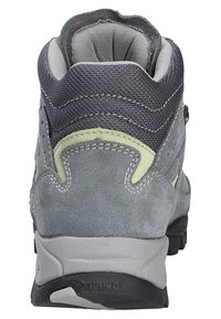 Grau Wildleder-Wanderschuh mit gepolstertem Knöchelbereich, Mesh-Futter und schwarzer Gummisohle. Mit hellgrünen Akzenten und Nähten.
