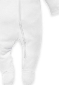 Weißes Baumwollbabystrampler mit durchgehendem Reißverschluss, geschlossenen Füßen und langen Ärmeln mit gerippten Bündchen für einen snug-fit.