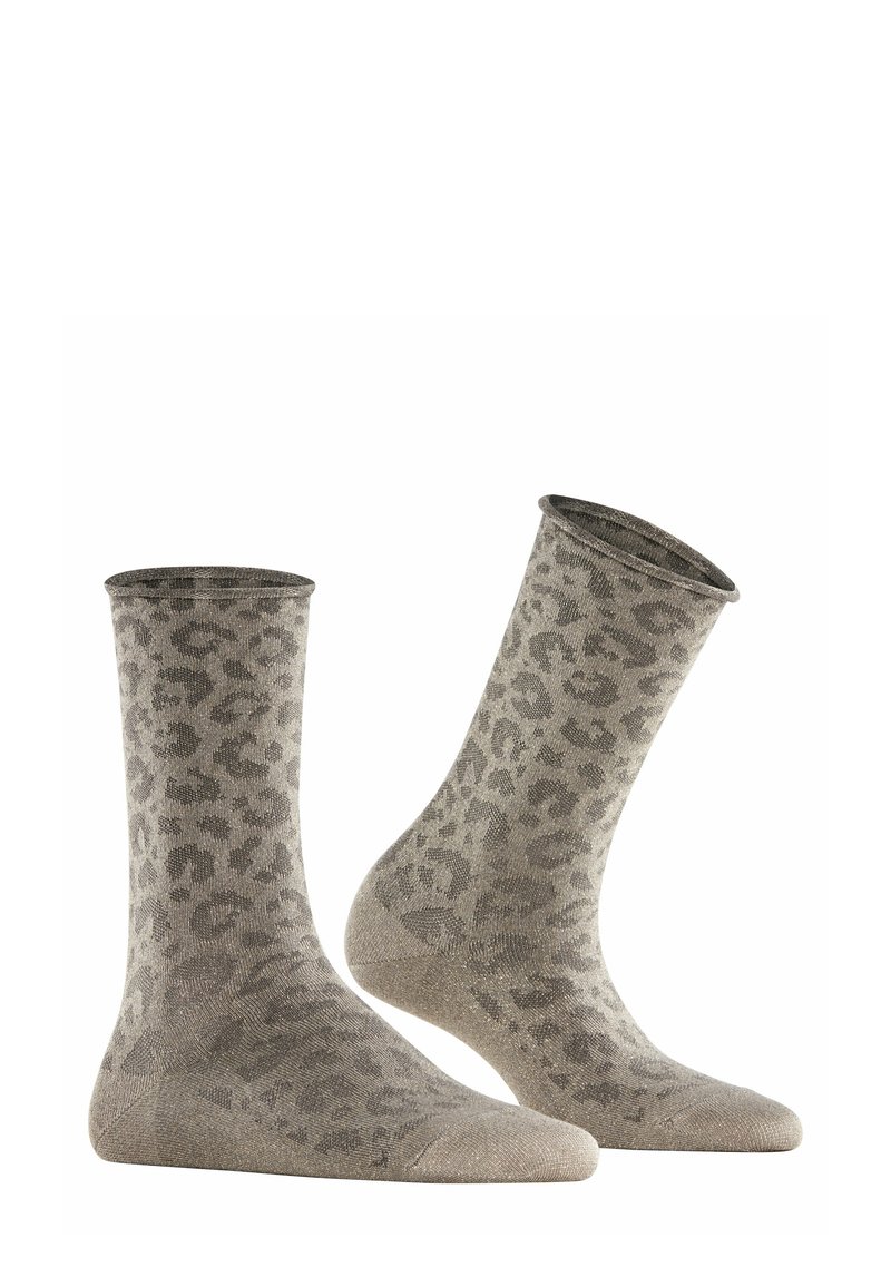 Grau Leopard-Print Socken mit weicher Textur und geripptem Bund. Das gestrickte Design weist ein durchgängiges Tiermuster und eine glatte Oberfläche auf.
