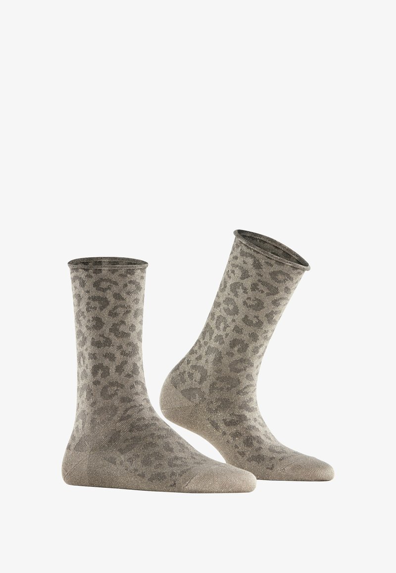 Grau Leopard-Print Socken mit weicher Textur und geripptem Bund. Das gestrickte Design weist ein durchgängiges Tiermuster und eine glatte Oberfläche auf.