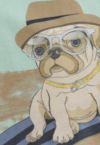 Illustration av en mops som bär en brun hatt och klara glasögon, med ett gult halsband, mot en ljusgrön och brun bakgrund.