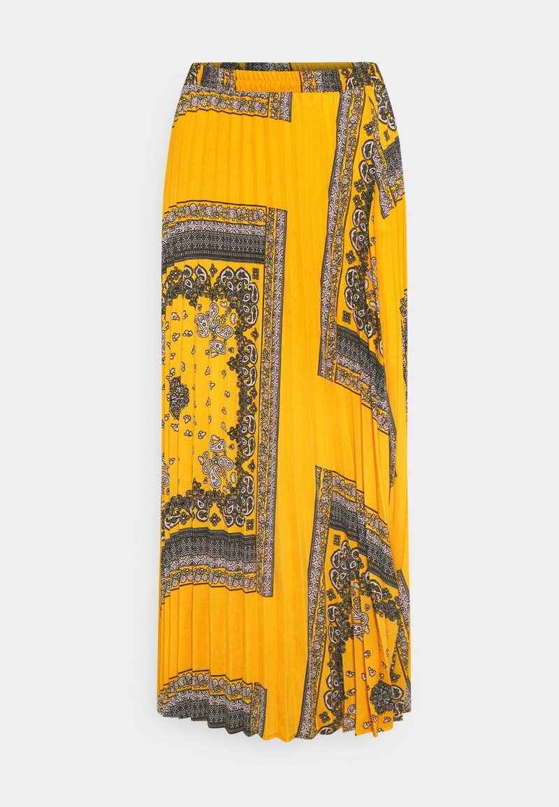 Jupe maxi plissée jaune présentant des motifs cachemire noirs et blancs complexes. Taille élastique avec un design fluide, texture de tissu légère.