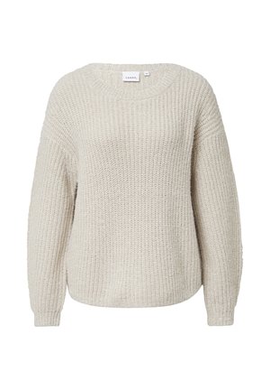 Hellbeige gestrickter Pullover mit Rundhalsausschnitt, überschnittenen Schultern und lockerer Passform. Strukturmuster mit einem weichen, gemütlichen Aussehen.