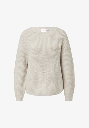 Jasnobeżowy sweter dzianinowy z okrągłym dekoltem, opadającymi ramionami i luźnym krojem. Faktura materiału o miękkim, przytulnym wyglądzie.