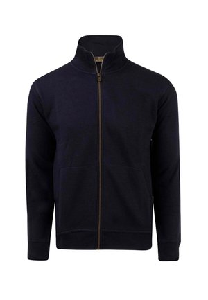 Giacca a zip blu realizzata in tessuto morbido. Presenta colletto alto, due tasche frontali e zip marrone. Design semplice e monocolore.