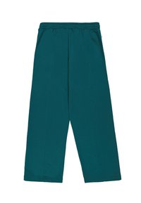 Pantalones anchos de color verde azulado, hechos de una tela suave, con una cinturilla ajustable y dos pliegues frontales para un look aerodinámico.