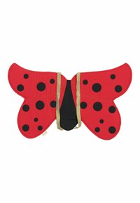 Red fabric butterfly wings with black polka dots, gold straps, and a black center for attachment. Soft material with rounded edges.