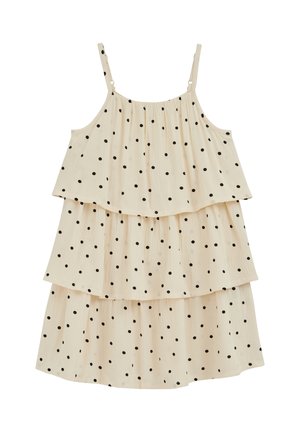 Vestito estivo a balze color crema con pois neri e spalline sottili regolabili, tessuto leggero e strutturato.