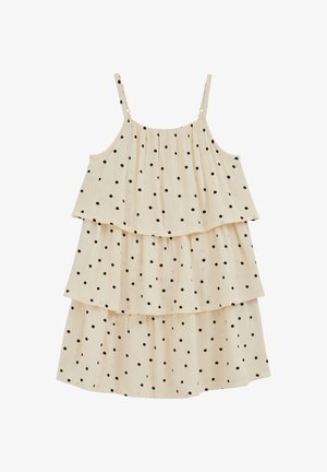Slojevita ljetna haljina krem boje s crnim točkicama i podesivim tankim naramenicama, lagani teksturirani materijal.