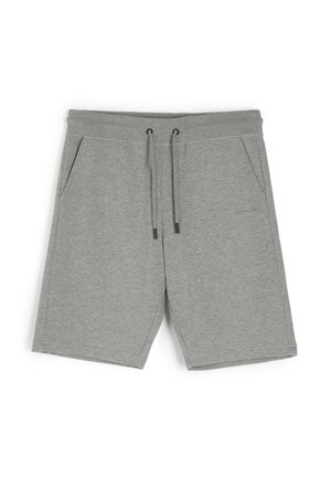 Szare bawełniane szorty z elastycznym paskiem w talii, sznurkiem oraz dwiema bocznymi kieszeniami. Gładka faktura z casualowym wzornictwem i bez nadruków.