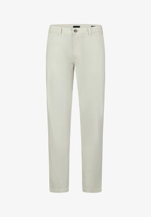 Hellbeige Chinos mit geradem Bein, Reißverschluss und vorderem Knopfverschluss. Aus Baumwolle mit glatter Textur und minimaler Gestaltung.