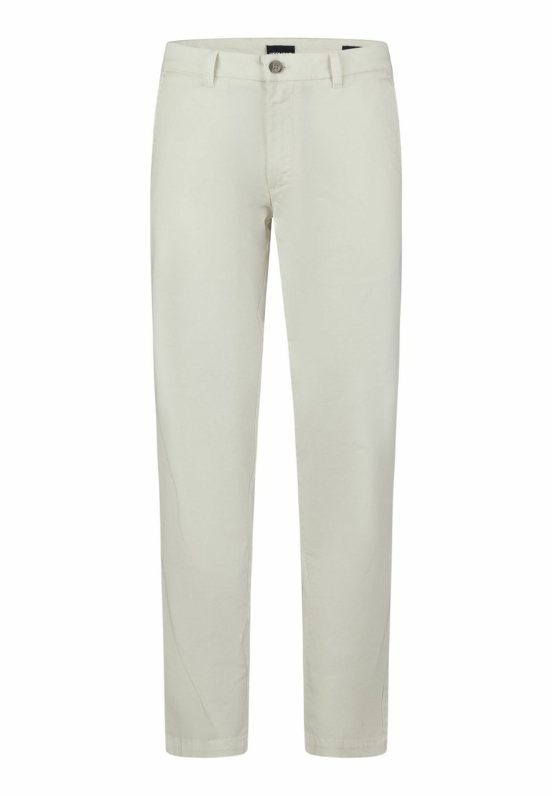 Lichtbeige chino's met een recht model, ritssluiting en knoopsluiting aan de voorkant. Gemaakt van katoen met een gladde textuur en minimale details.