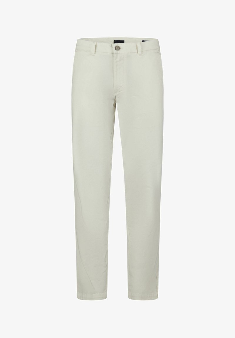 Lichtbeige chino's met een recht model, ritssluiting en knoopsluiting aan de voorkant. Gemaakt van katoen met een gladde textuur en minimale details.