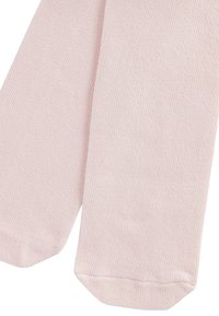 Helle rosa Strumpfhosen aus einem weichen, gestrickten Stoff. Sie haben eine gerippte Struktur und ein nahtloses Fußdesign, mit einem knöchellangen Schnitt.