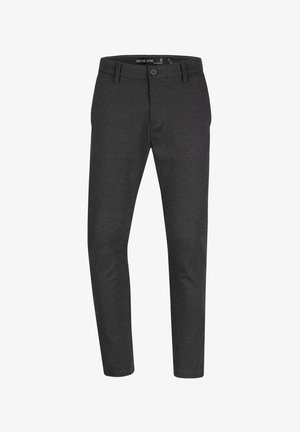 Dark gray, slim-fit chinos made of cotton blend fabric. Features belt loops and a single button closure, with front and back pockets.