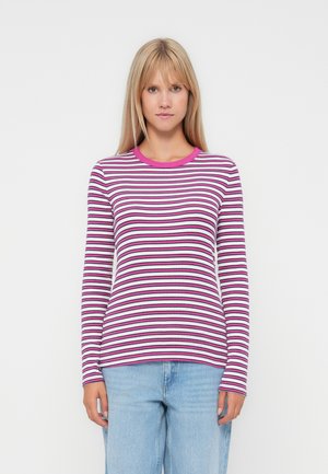 Long-sleeve striped shirt in purple, white, and pink; features a crew neckline and a fitted design. Soft fabric with a smooth texture.