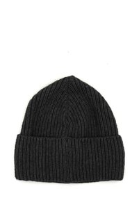 Dark gray knit beanie hat with a ribbed texture, tapering design, and a folded hem at the bottom.