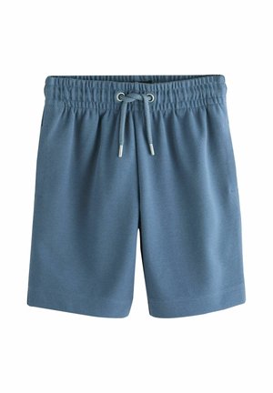 Blue swim shorts with a textured fabric, elastic waistband, and drawstring closure. Features side pockets and a straight leg design.