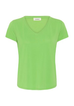Lysegrøn, kortærmet, V-udskæring kvindes T-shirt med et mærke, der siger "soaked" ved halsudskæringen.
