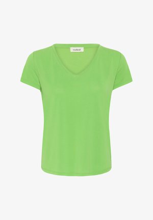 Leuchtend grünes Damen-T-Shirt mit kurzen Ärmeln und V-Ausschnitt, mit einem Etikett mit der Aufschrift "soaked" am Halsausschnitt.